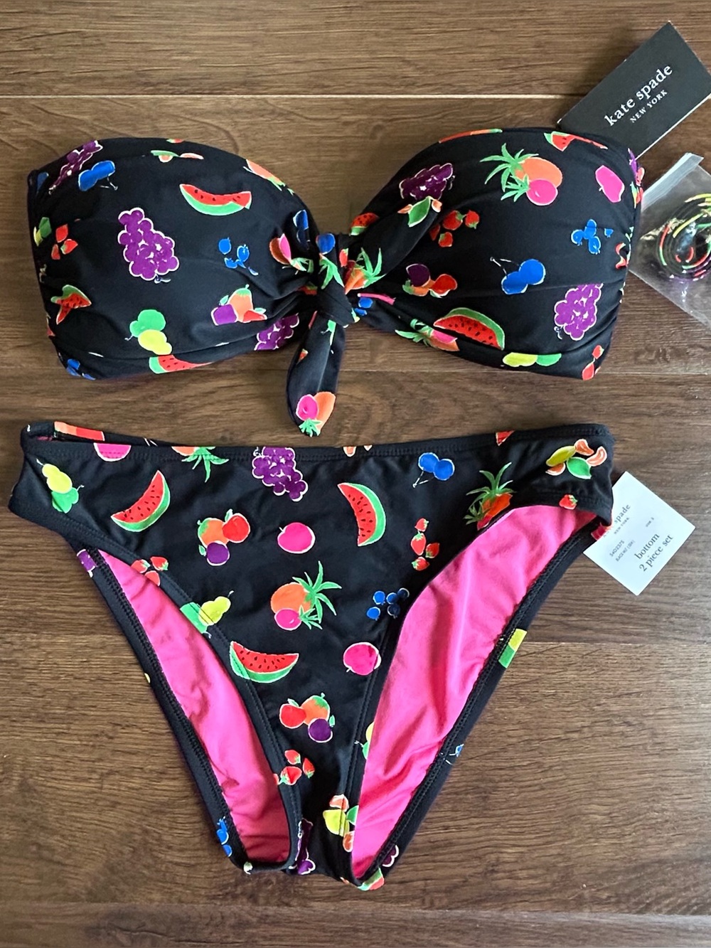 Kate Spade Fruits Bandeau Bikini Top & High Cut Bottom Swimsuit Set S